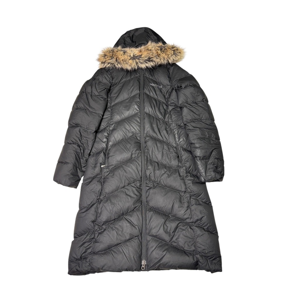 Marmot 700‎ Fill Down Full Length Hooded Puffer Coat Fur Trim Black S P CH
